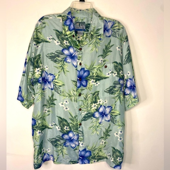 Mens Silk Traders Green Floral Hawaiian Short Sleeve Button Up Silk Shirt Large - Picture 1 of 8